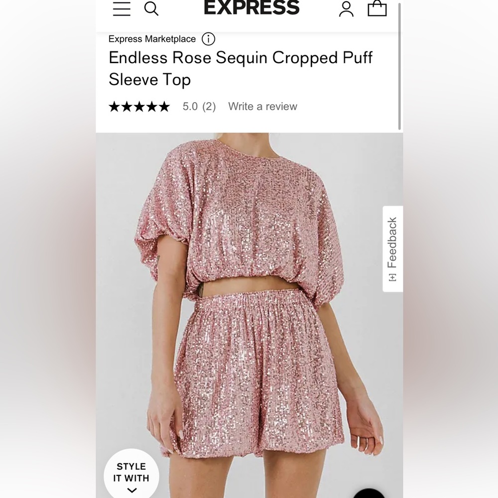 Cropped puff sleeve pink sequin top